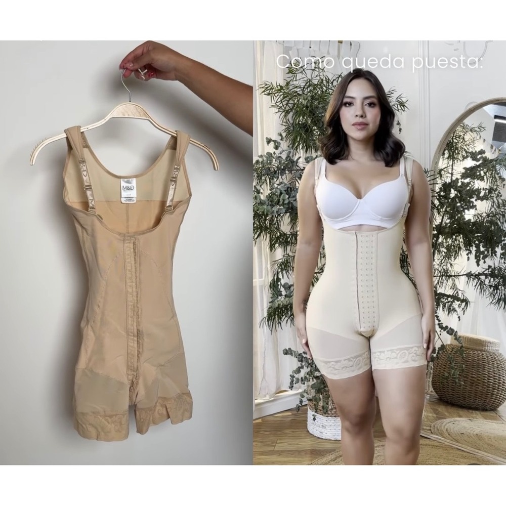 M&D Fajas Moldeo Control Shapewear Bodysuit Beige XL Open Bust Mid-Thigh L0065